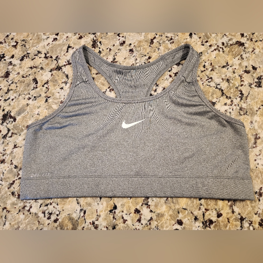 Nike Women's XL Racerback Sport Bra Gray White Swoosh and Gray Dri-Fit letters